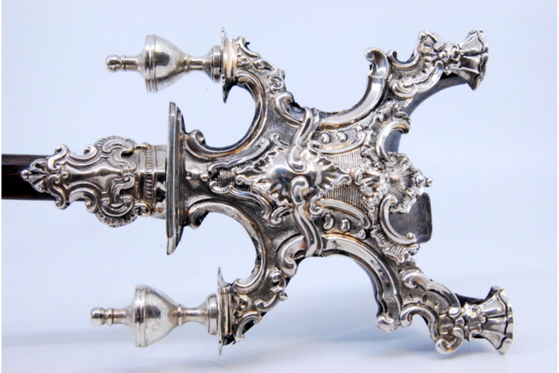 Rosewood crucifix with silver Jesus and Christian symbols on three feet For Sale 1