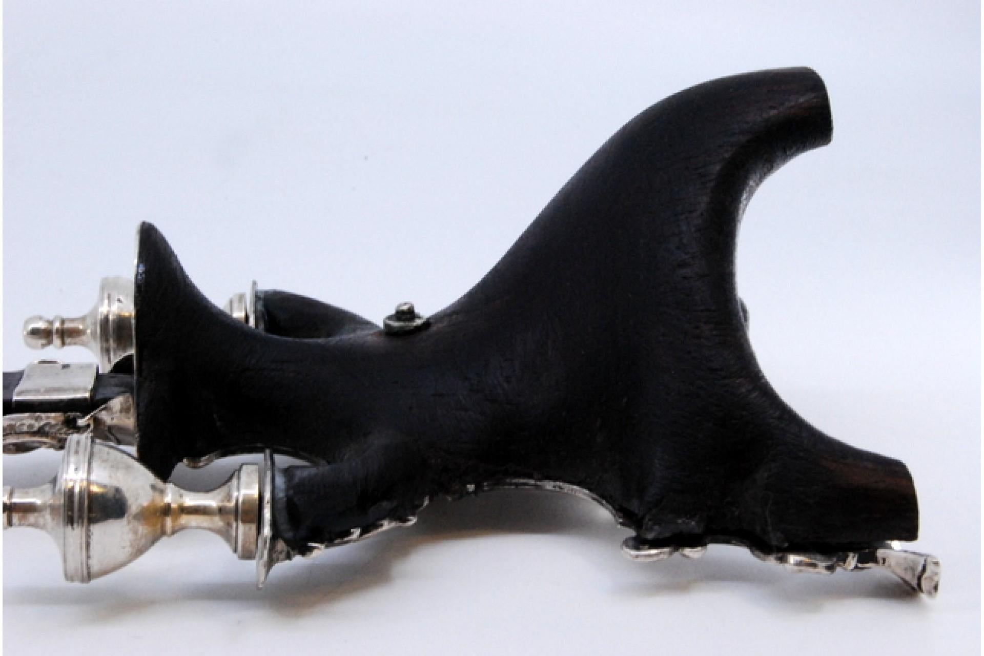 Rosewood crucifix with silver Jesus and Christian symbols on three feet For Sale 2