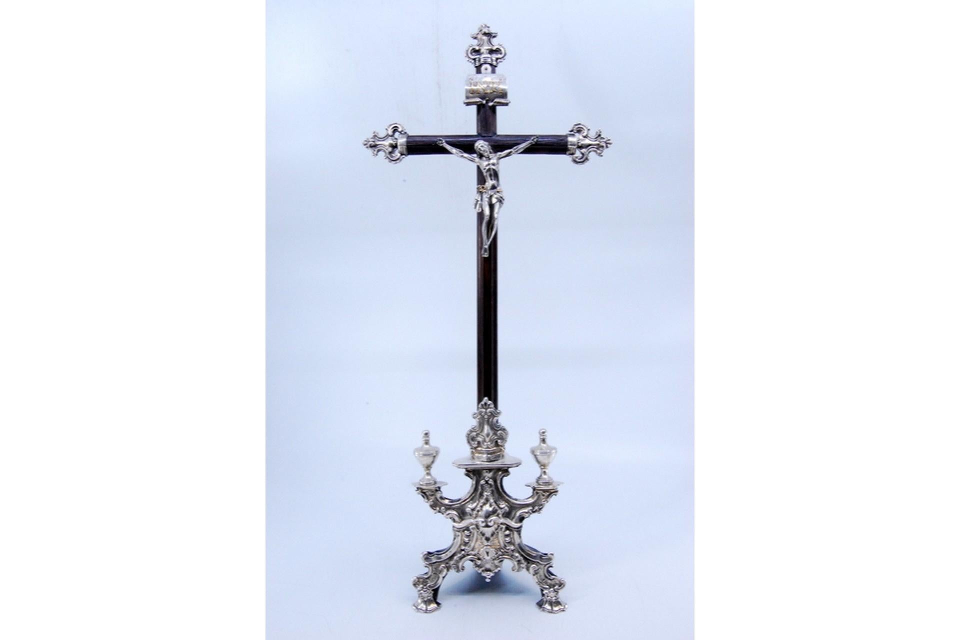 Rosewood crucifix with silver Jesus and Christian symbols on three feet For Sale 3