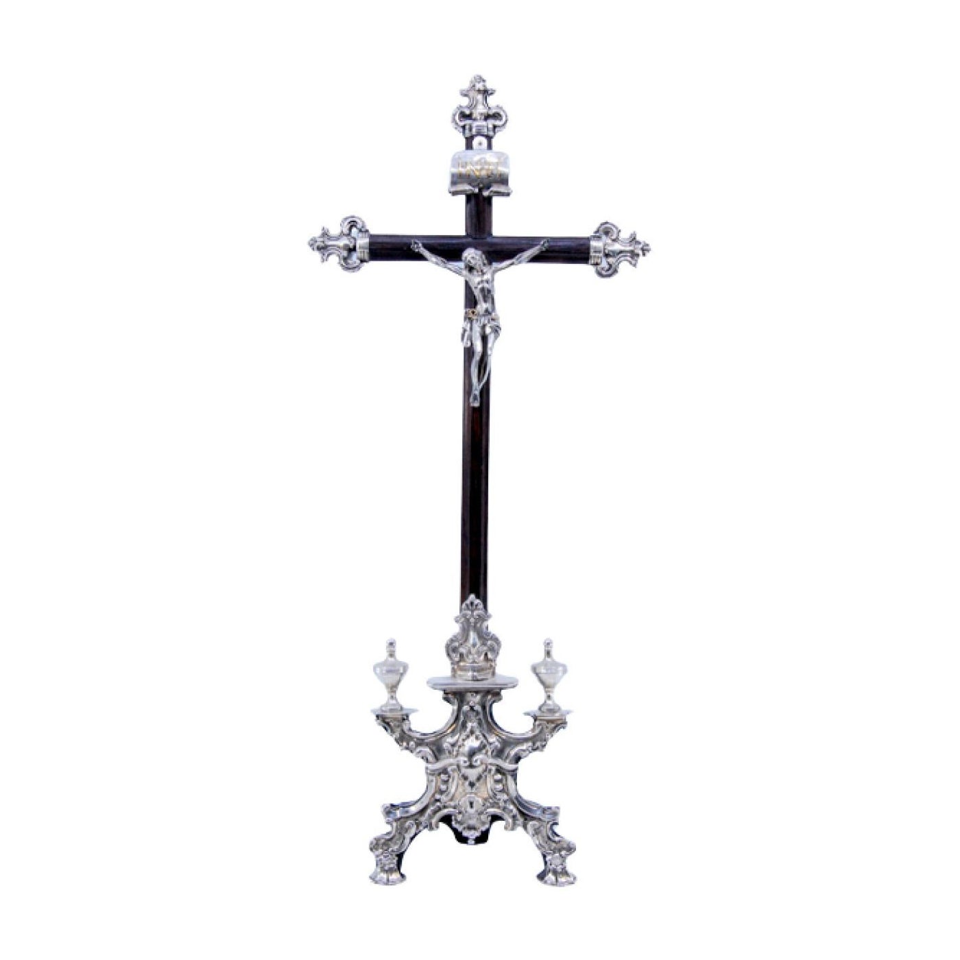 Rosewood crucifix with silver Jesus and Christian symbols on three feet For Sale