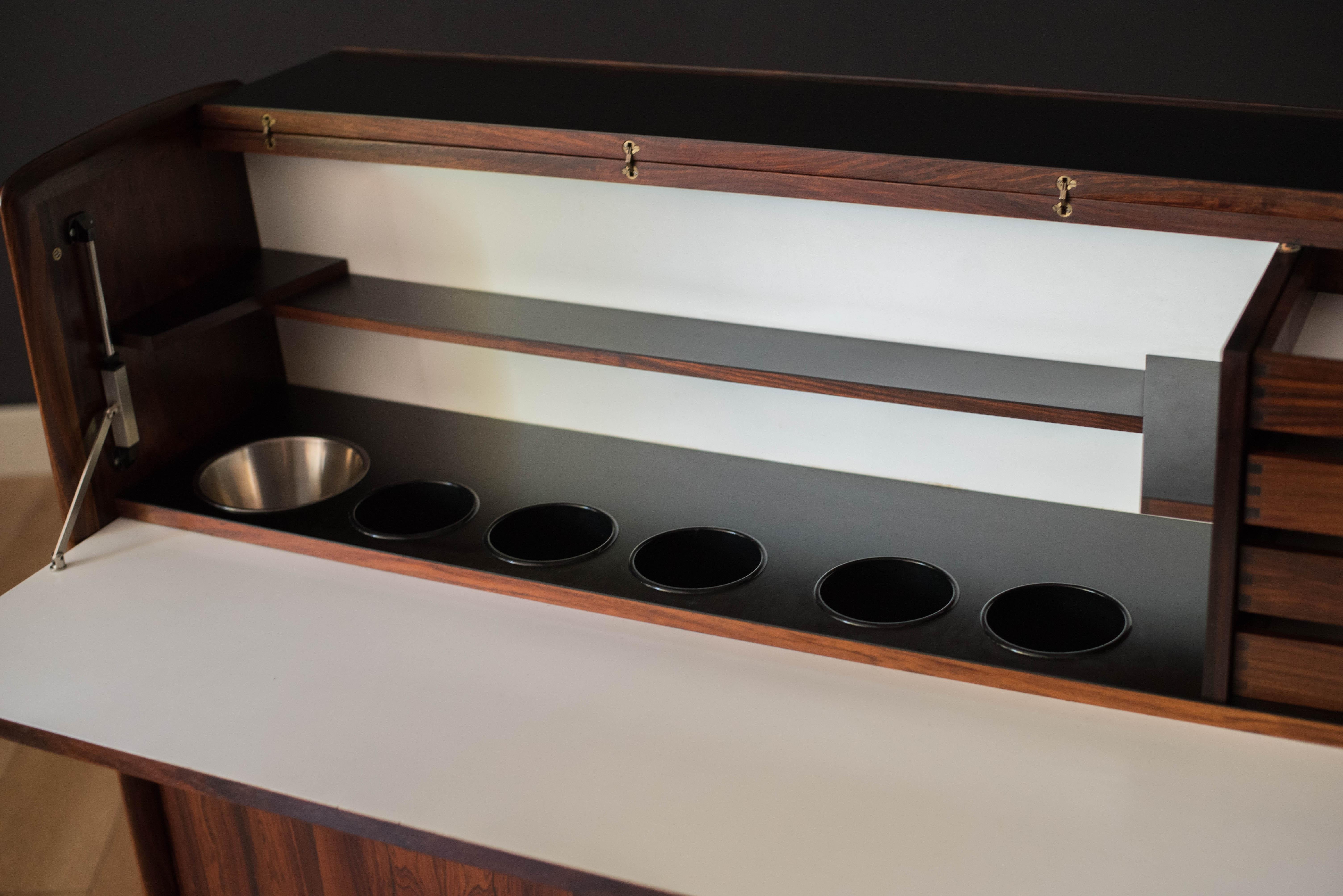 Aluminum Rosewood Danish Modern Dry Bar Credenza Cabinet For Sale