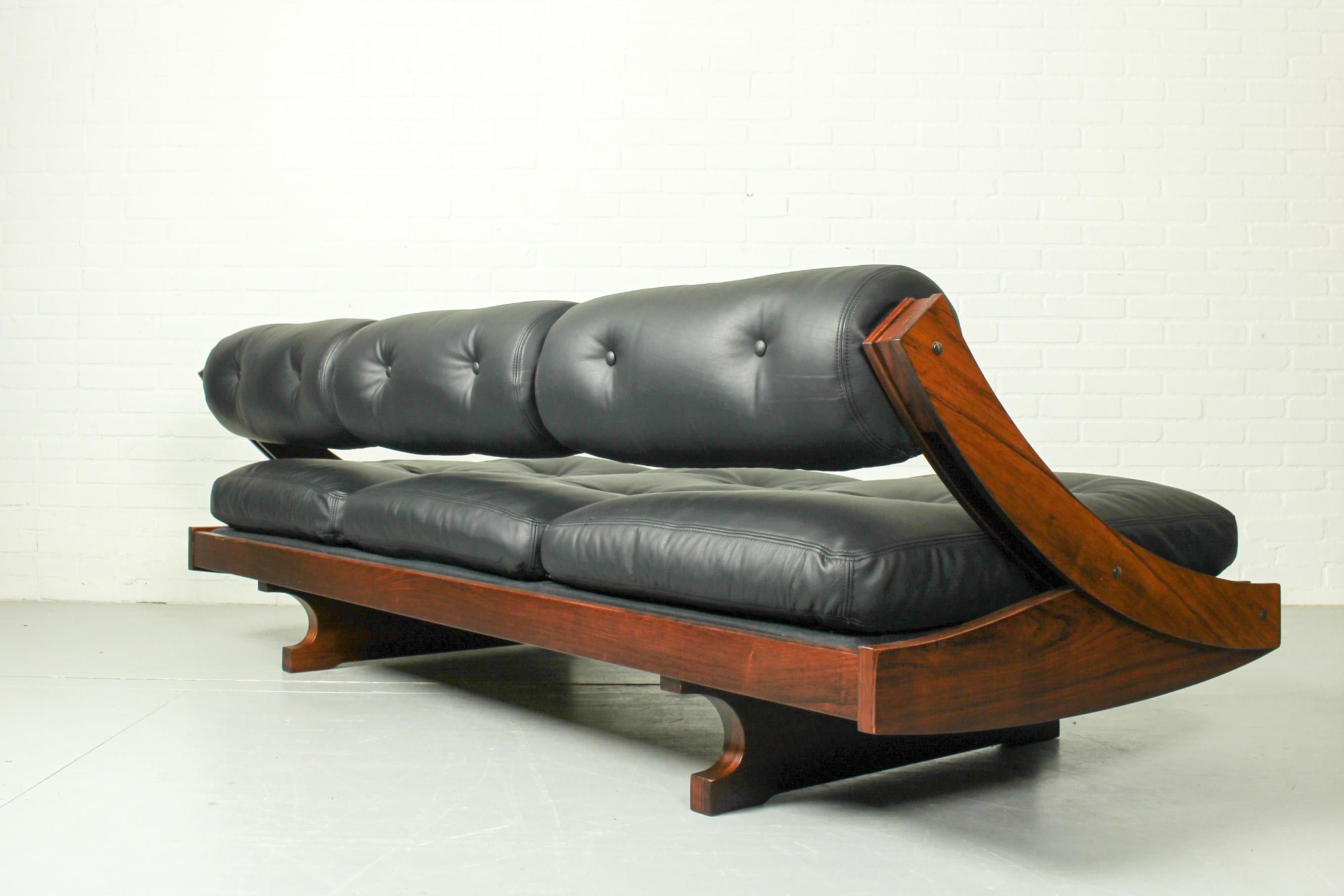 Rosewood Daybed Sofa GS 195 by Gianni Songia for Sormani in New Black Leather 1