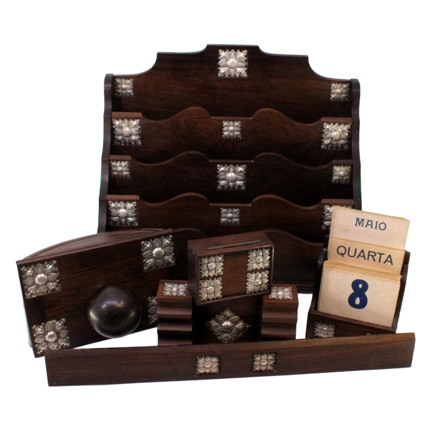 Rosewood desk set with silver accents: pen stand, blotter, calendar and more For Sale