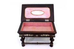 Rosewood desk-shaped jewelry box with floral lid and mirror satin interior