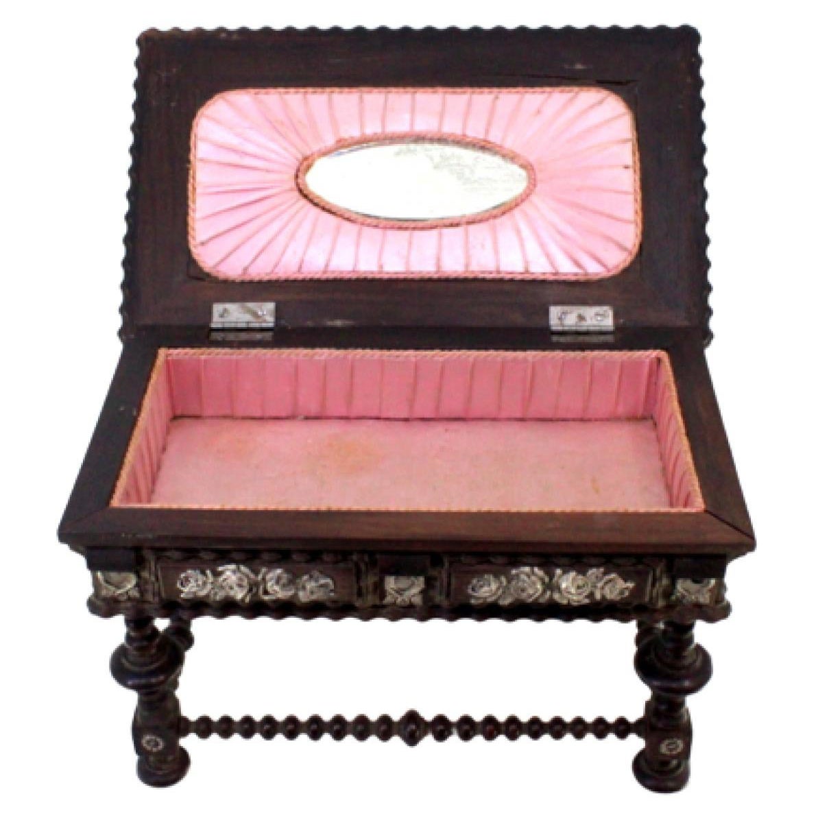 Rosewood desk-shaped jewelry box with floral lid and mirror satin interior For Sale