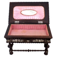 Rosewood desk-shaped jewelry box with floral lid and mirror satin interior