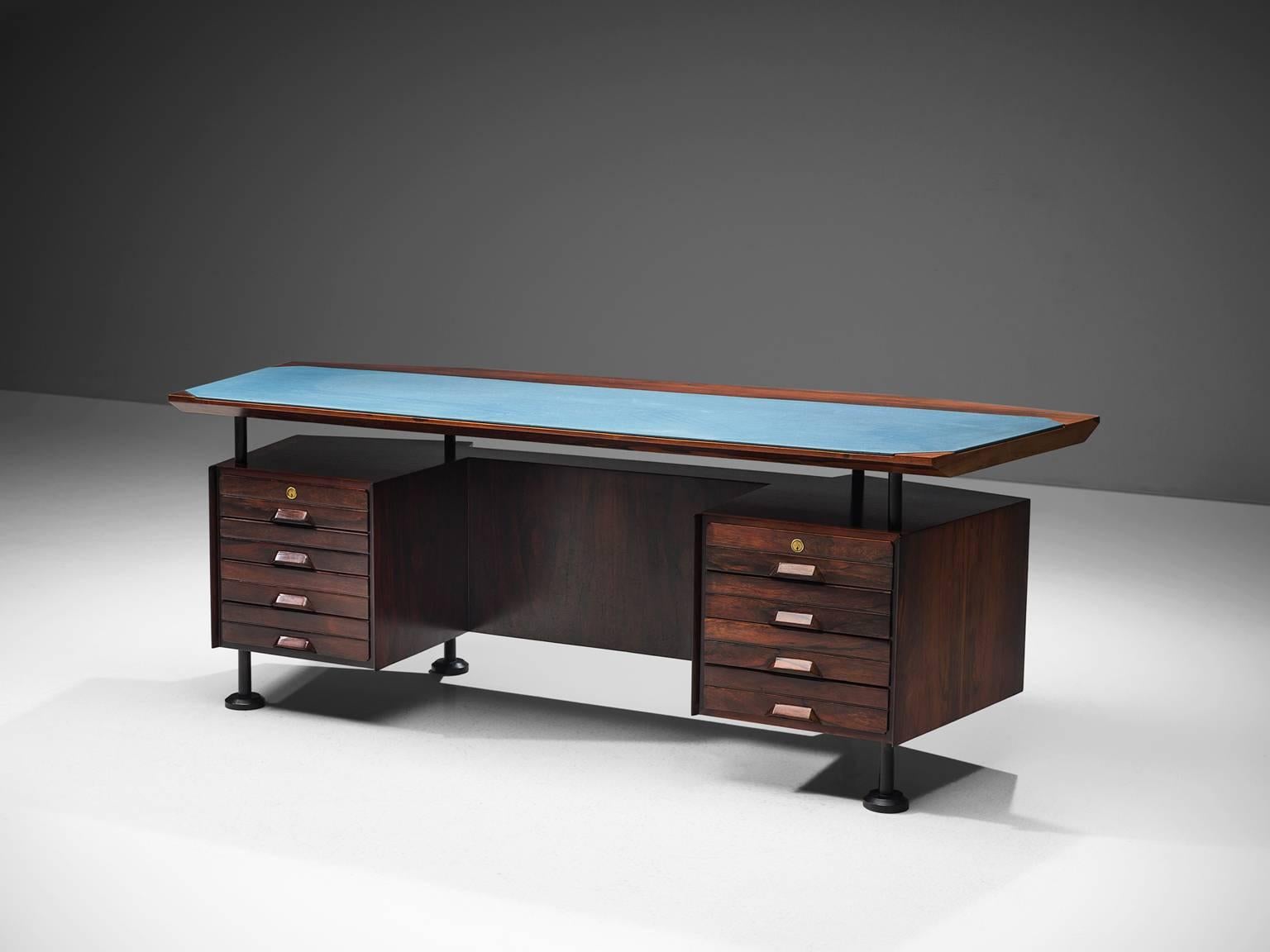 Mid-Century Modern Rosewood Desk with Blue Leatherette Inlay