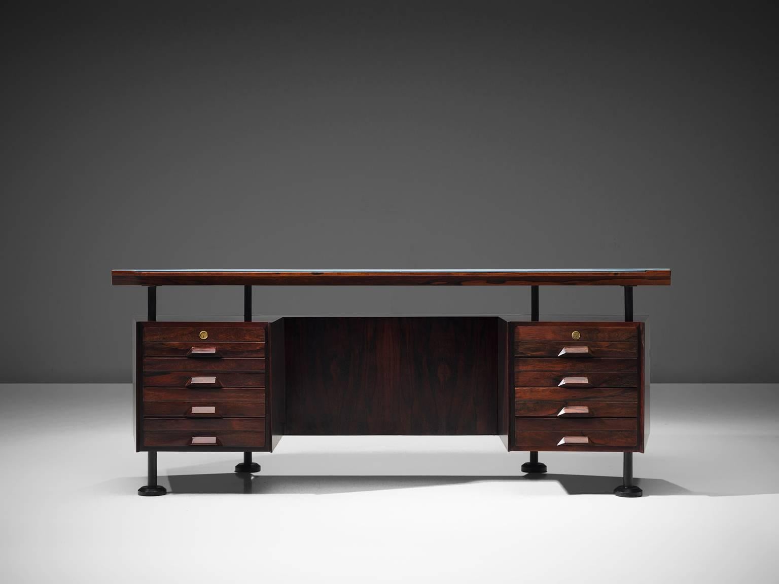 Italian Rosewood Desk with Blue Leatherette Inlay