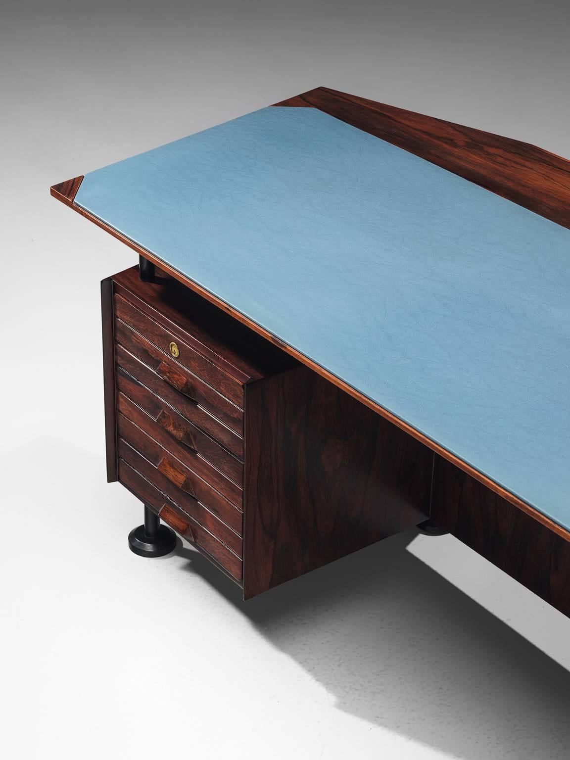 Rosewood Desk with Blue Leatherette Inlay In Excellent Condition In Waalwijk, NL
