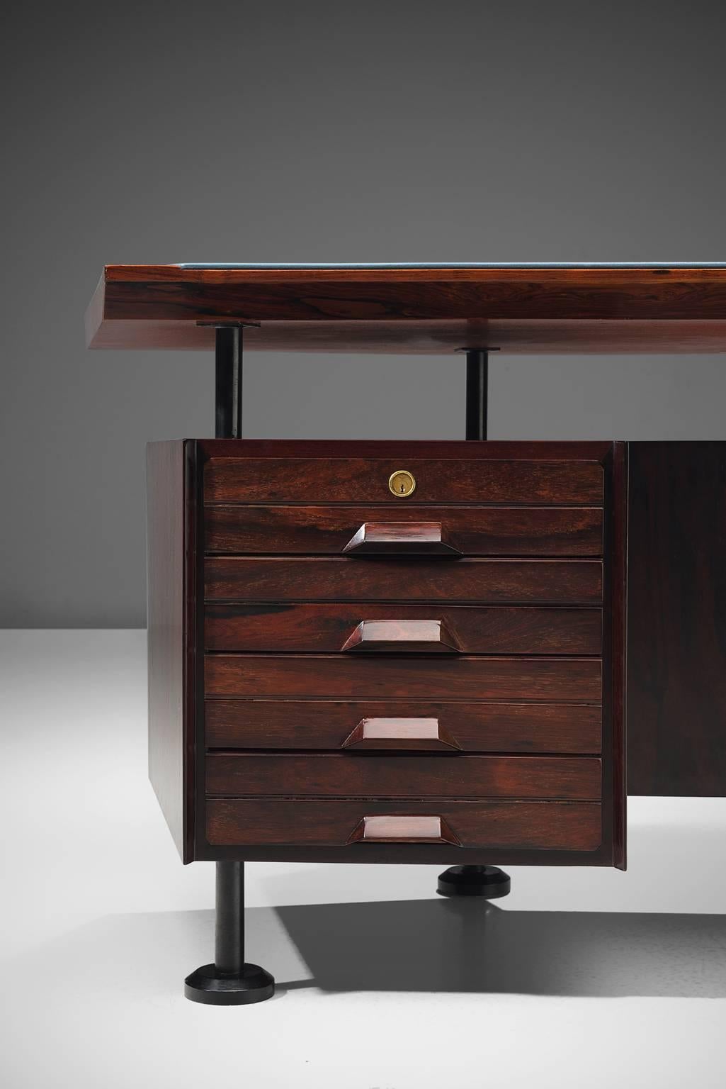 Mid-20th Century Rosewood Desk with Blue Leatherette Inlay