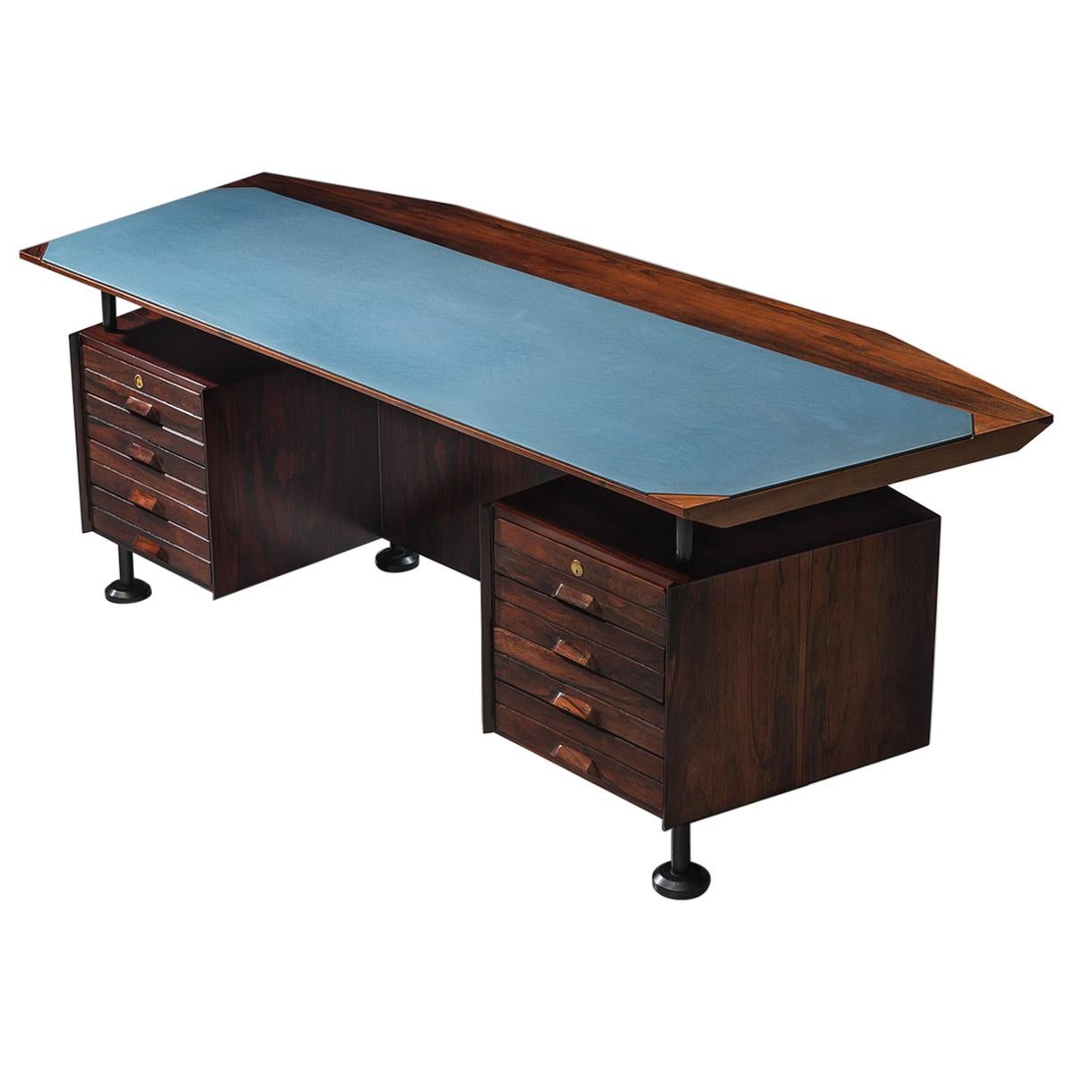 Rosewood Desk with Blue Leatherette Inlay