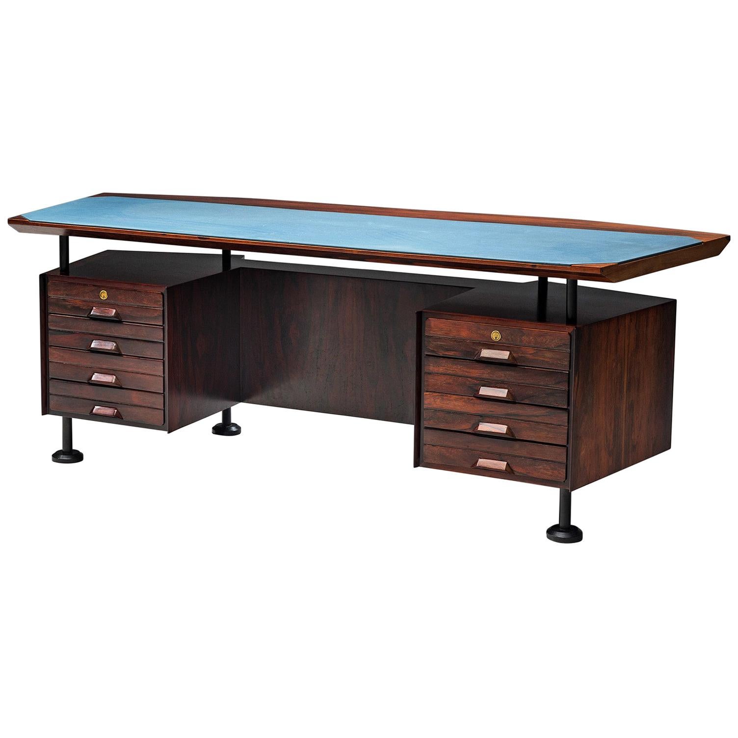 Rosewood Desk with Blue Leatherette Inlay