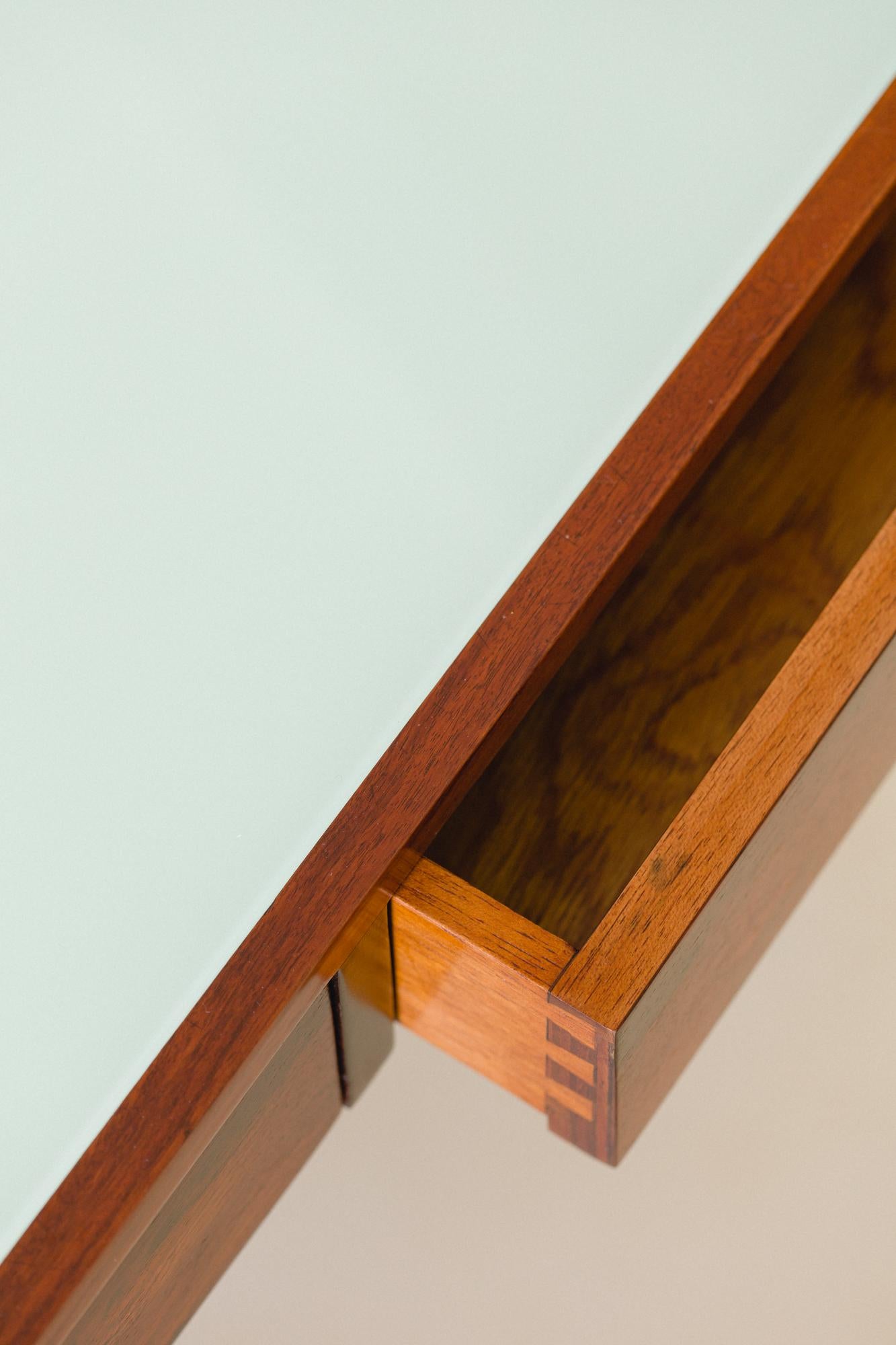 Rosewood Desk with Painted Glass Top by Joaquim Tenreiro, Bloch Editors, 1960s For Sale 4