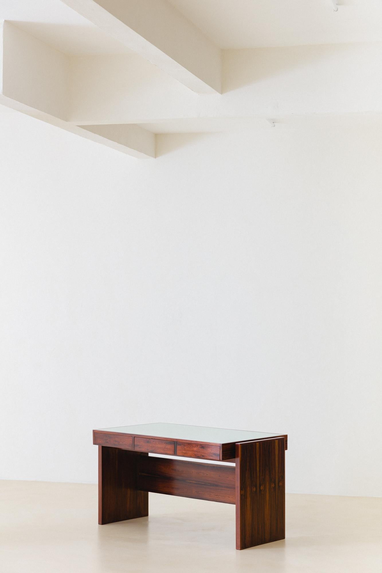 Brazilian Rosewood Desk with Painted Glass Top by Joaquim Tenreiro, Bloch Editors, 1960s For Sale