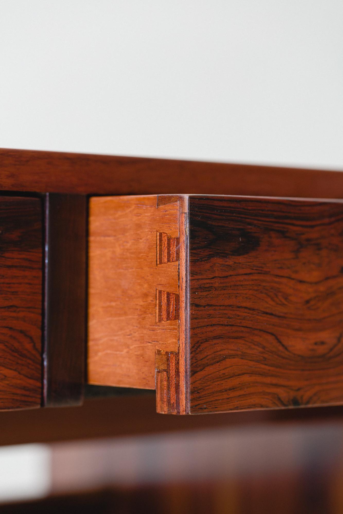 Rosewood Desk with Painted Glass Top by Joaquim Tenreiro, Bloch Editors, 1960s For Sale 2