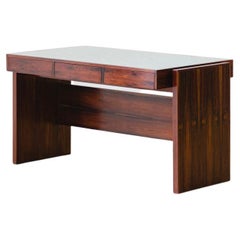Rosewood Desk with Painted Glass Top by Joaquim Tenreiro, Bloch Editors, 1960s