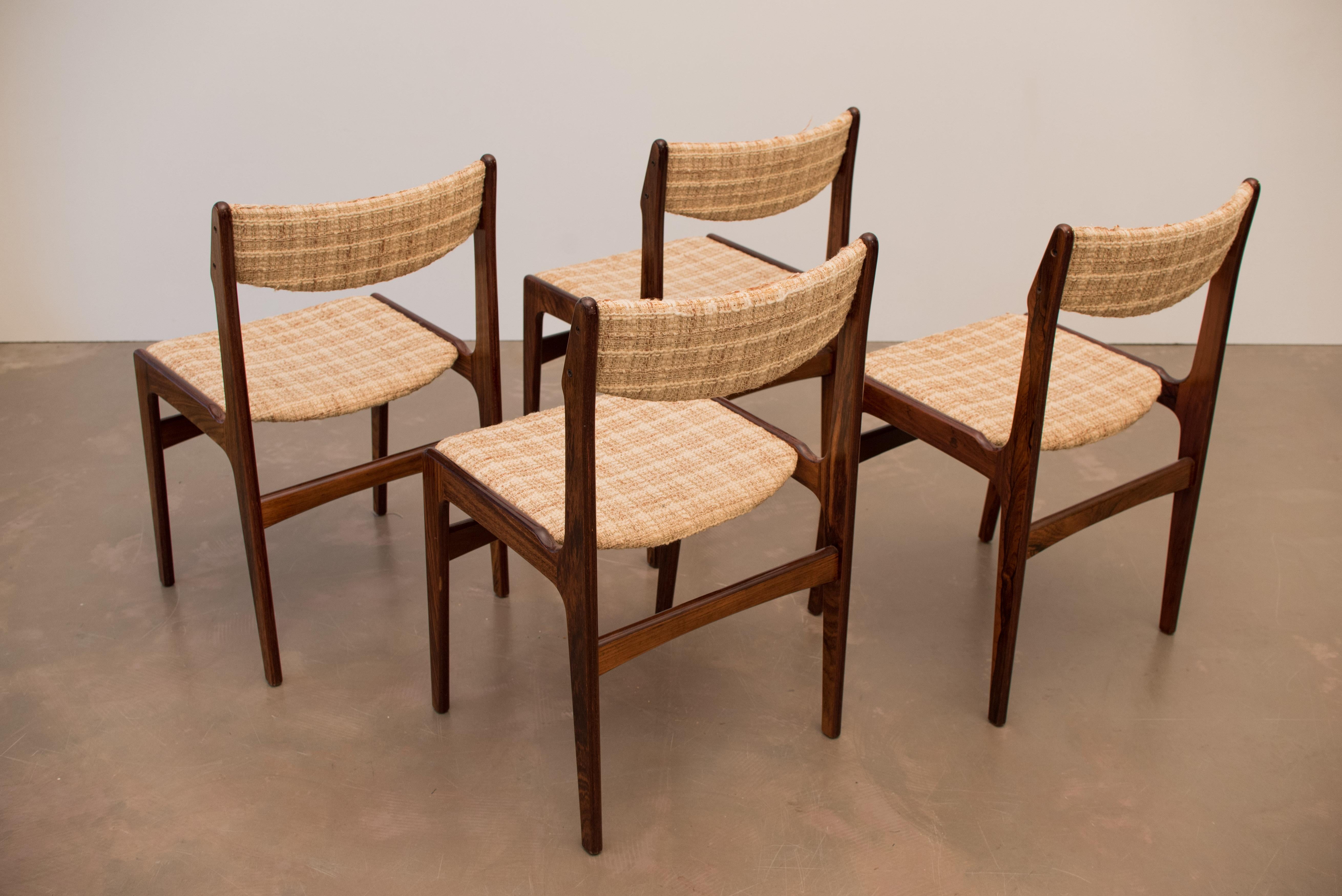 Mid-Century Rosewood dining chairs by Erik Buch, 1960s. Needs to be refreshed through new upholstery.
