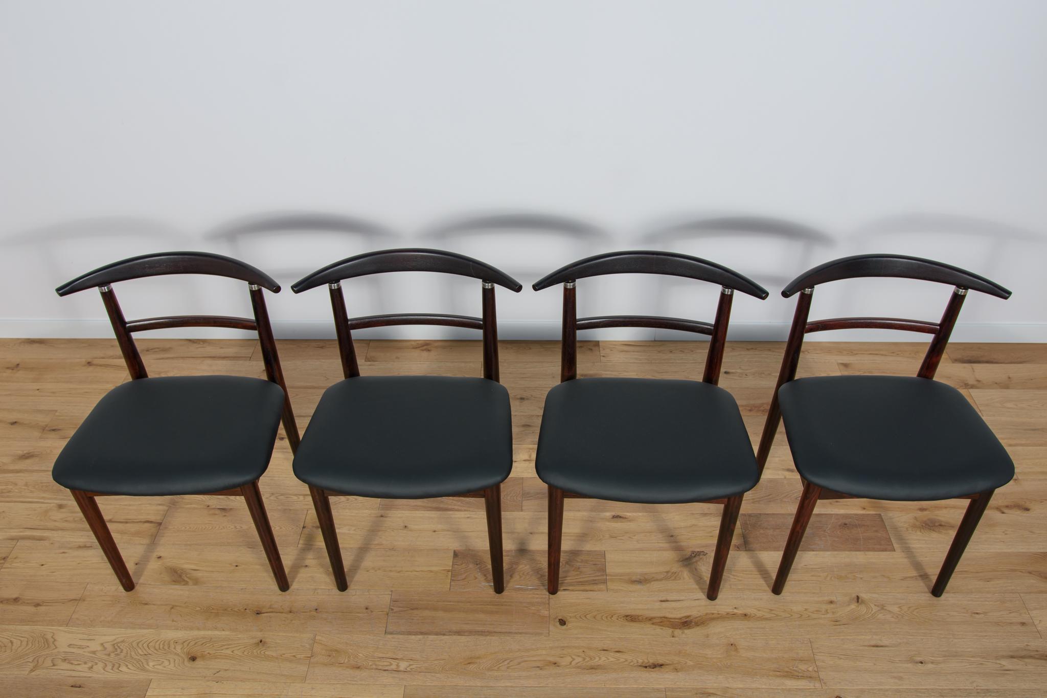A set of four unique chairs designed by Helge Sibast and Borge Rammerskov for the Danish Sibast factory in the 1960s. The chairs have uniquely carved ergonomic backrests. The chairs have undergone comprehensive carpentry and upholstery renovation.