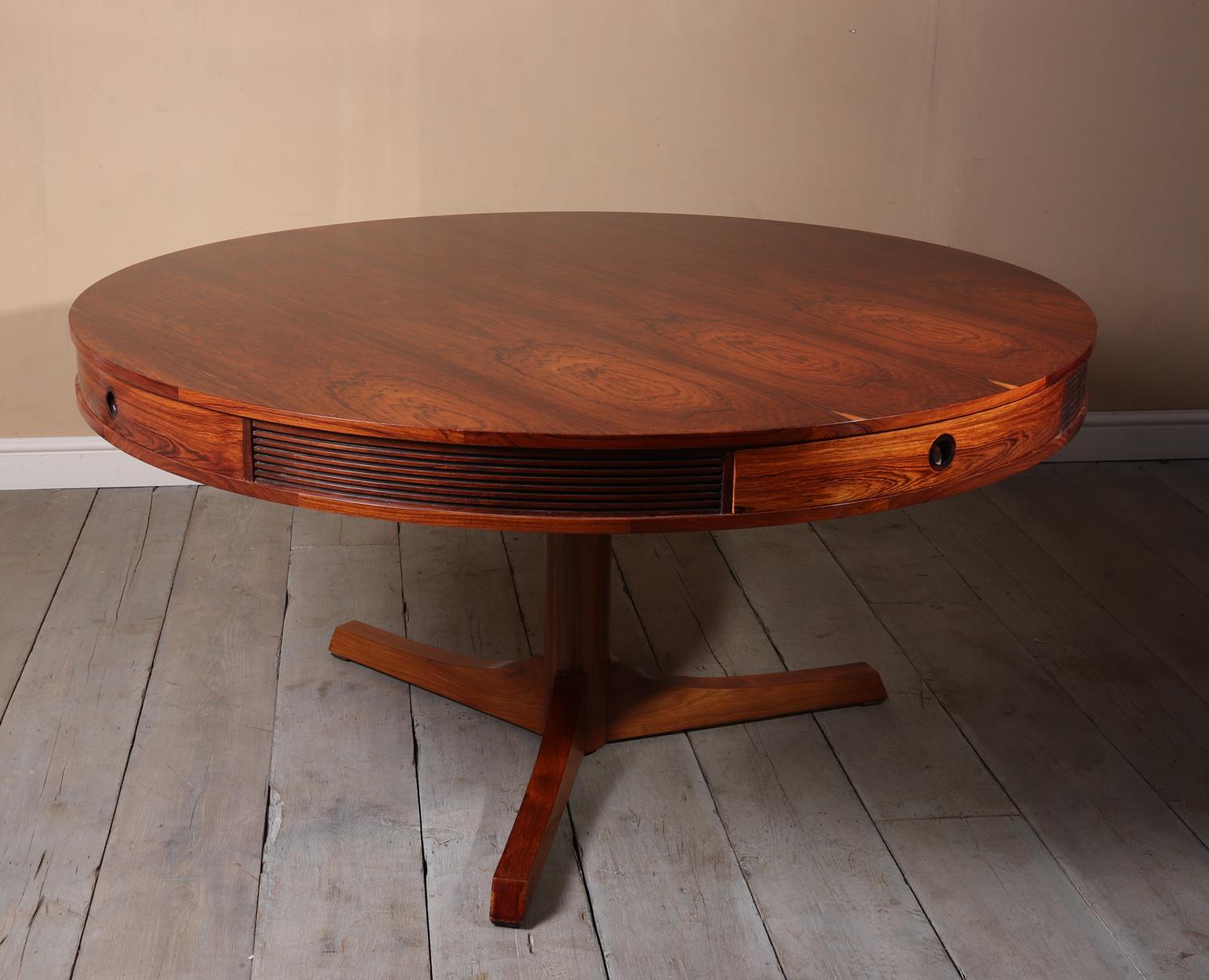 Rosewood drum table by Robert Heritage for Archie Shine, circa 1957.
Designed in 1957 by Robert Heritage and produced by Archie Shine in the late 1950s this drum table is part of the Bridgeford range that would have been sold through Heals in this