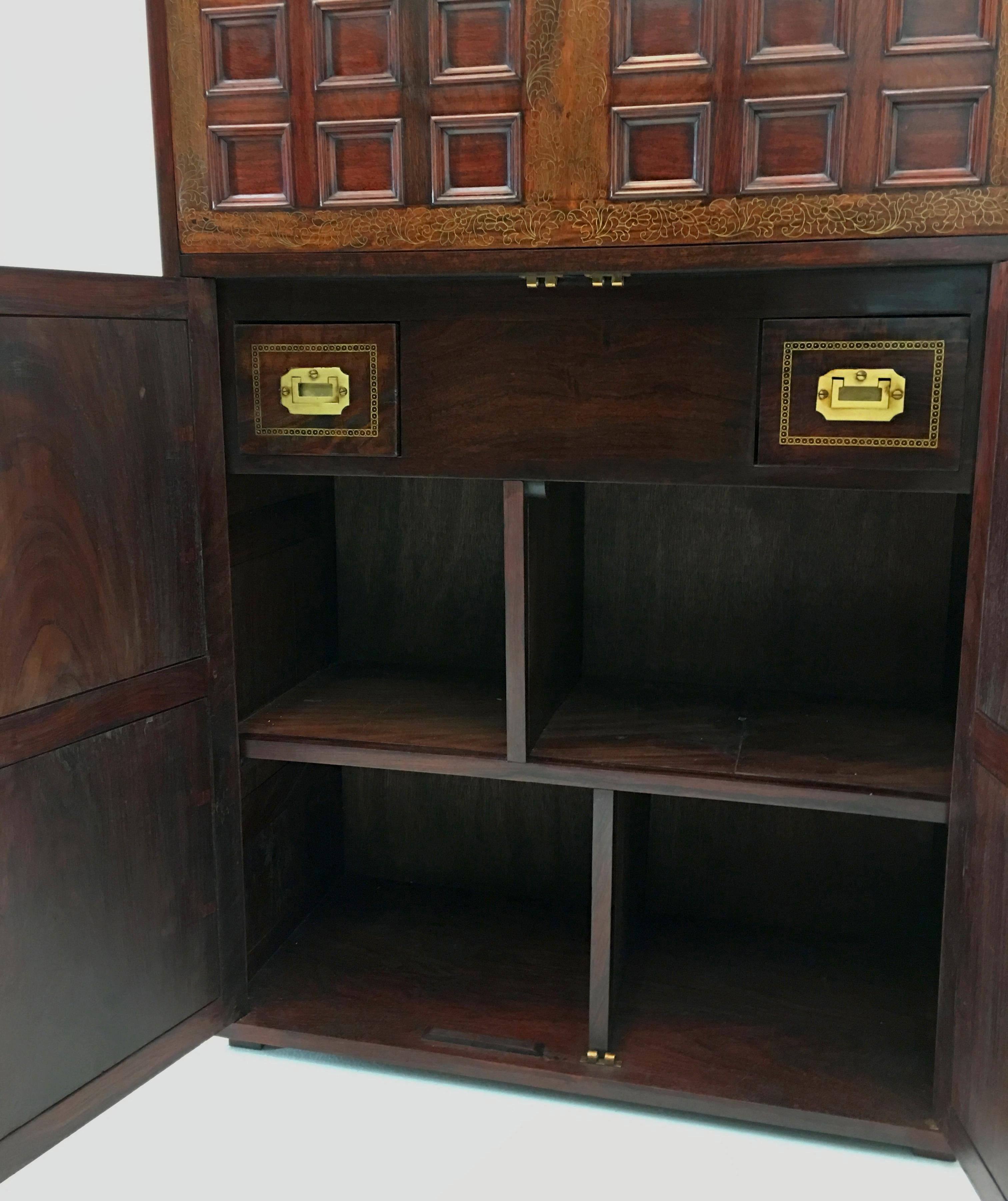 Illuminated Solid Rosewood Bar Cabinet with Brass Inlay 4