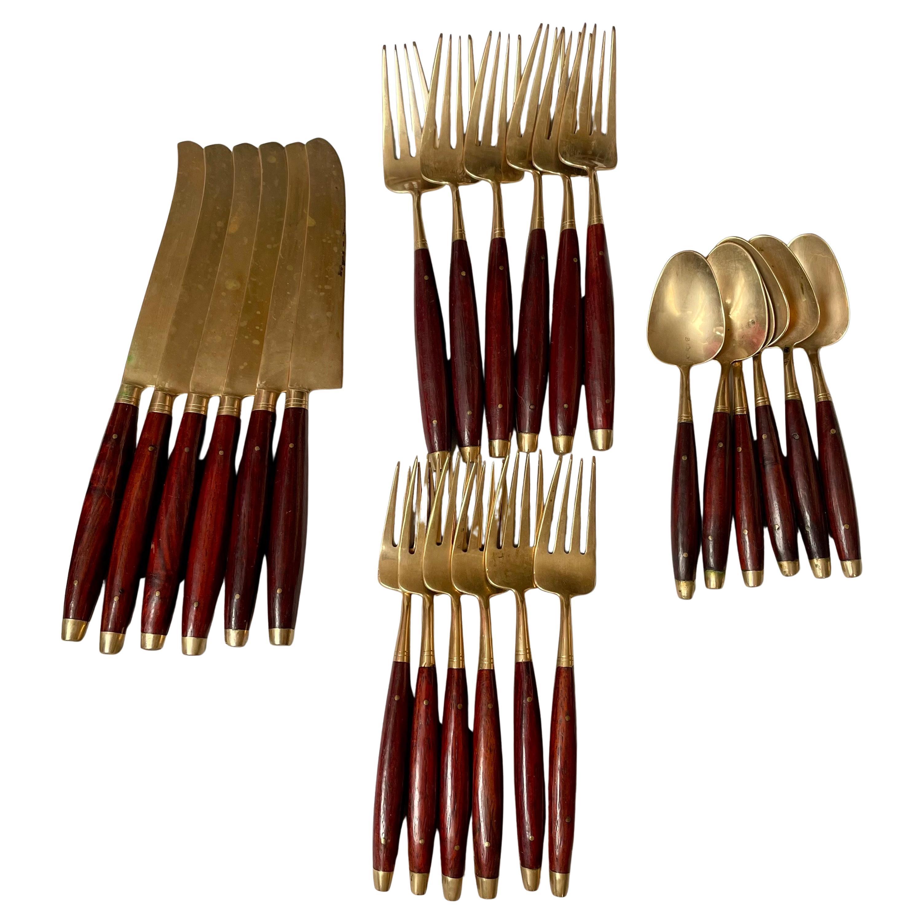 Palisander Besteck 24 Stück Set für 6 Messer Gabeln Löffel Silberbesteck