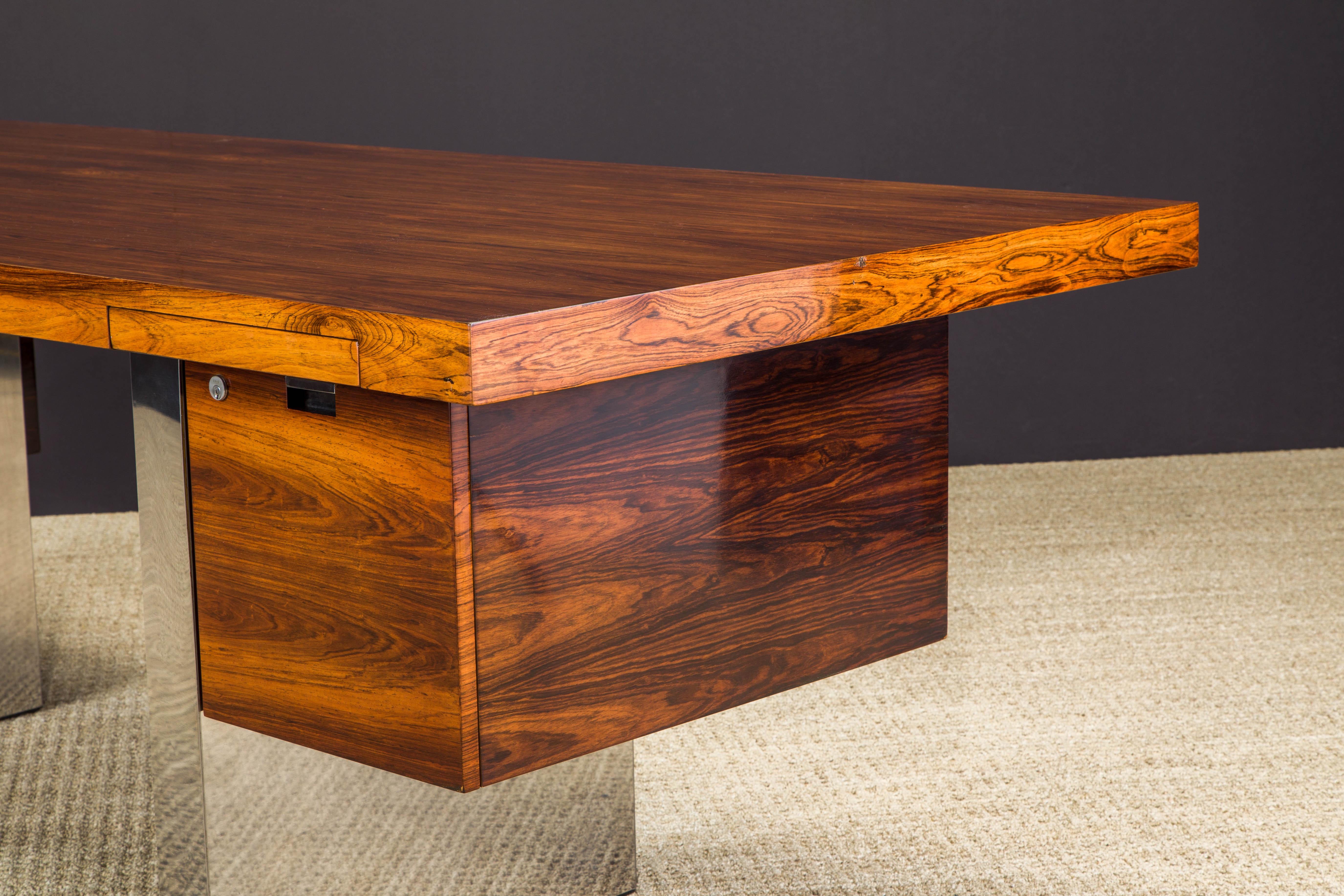 Rosewood Floating Executive Desk by Roger Sprunger for Dunbar, c 1970, Signed In Good Condition In Los Angeles, CA