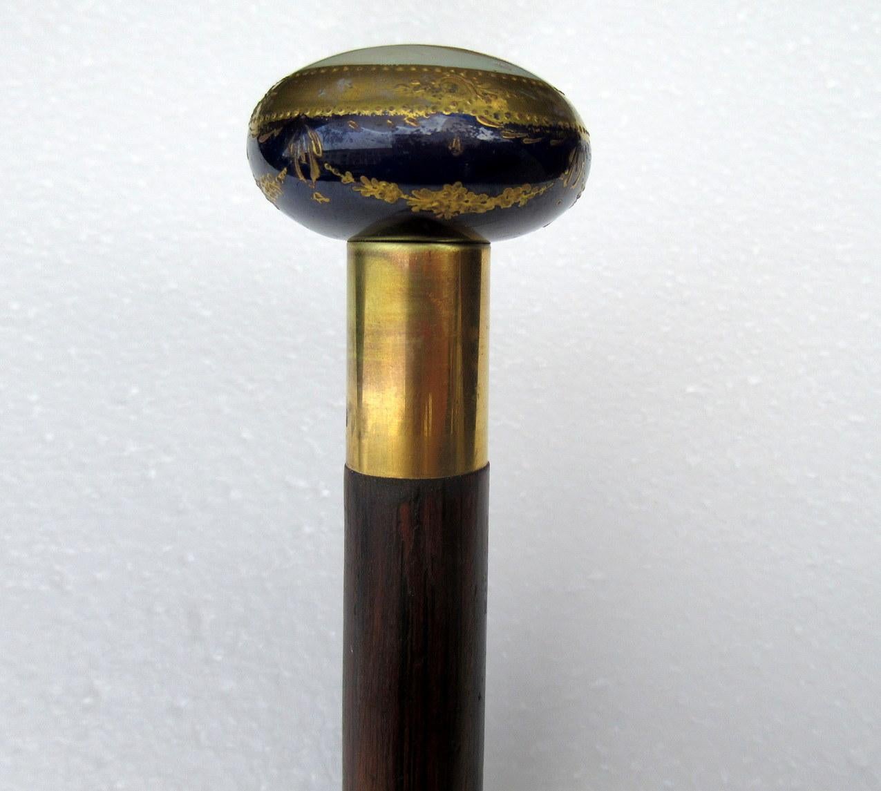 Hand-Painted Rosewood Gentlemans Sword Stick Cane French Porcelain Pommel Rare, 19th Century