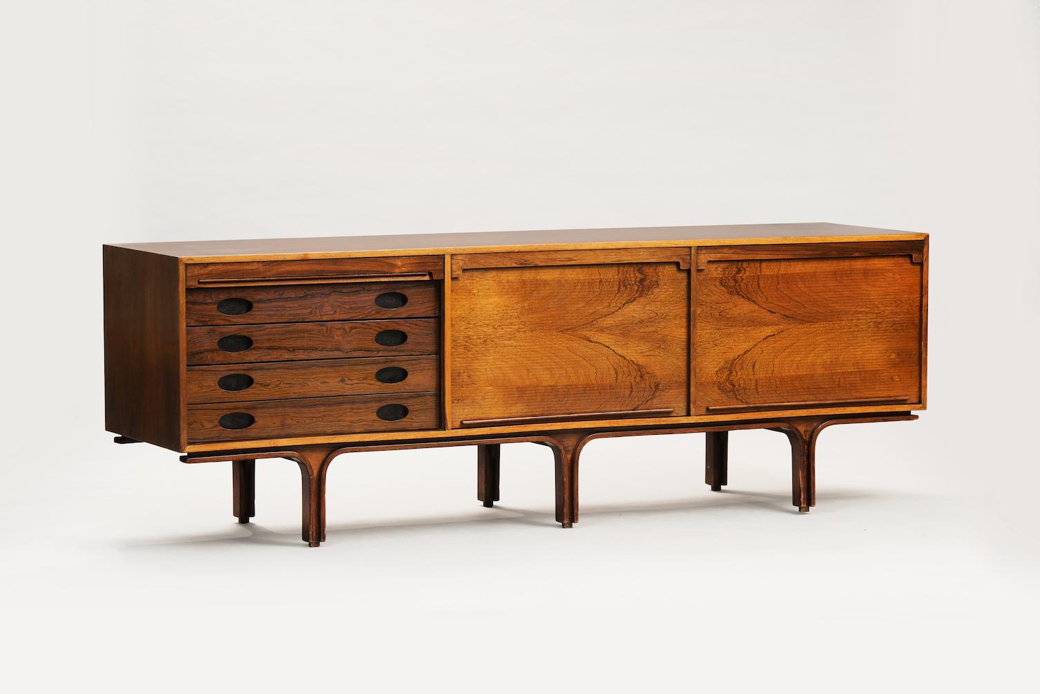 Gianfranco Frattini rosewood sideboard with tambour doors. 
Original condition item, can be restored handmade varnished by our own team of craftsmen.