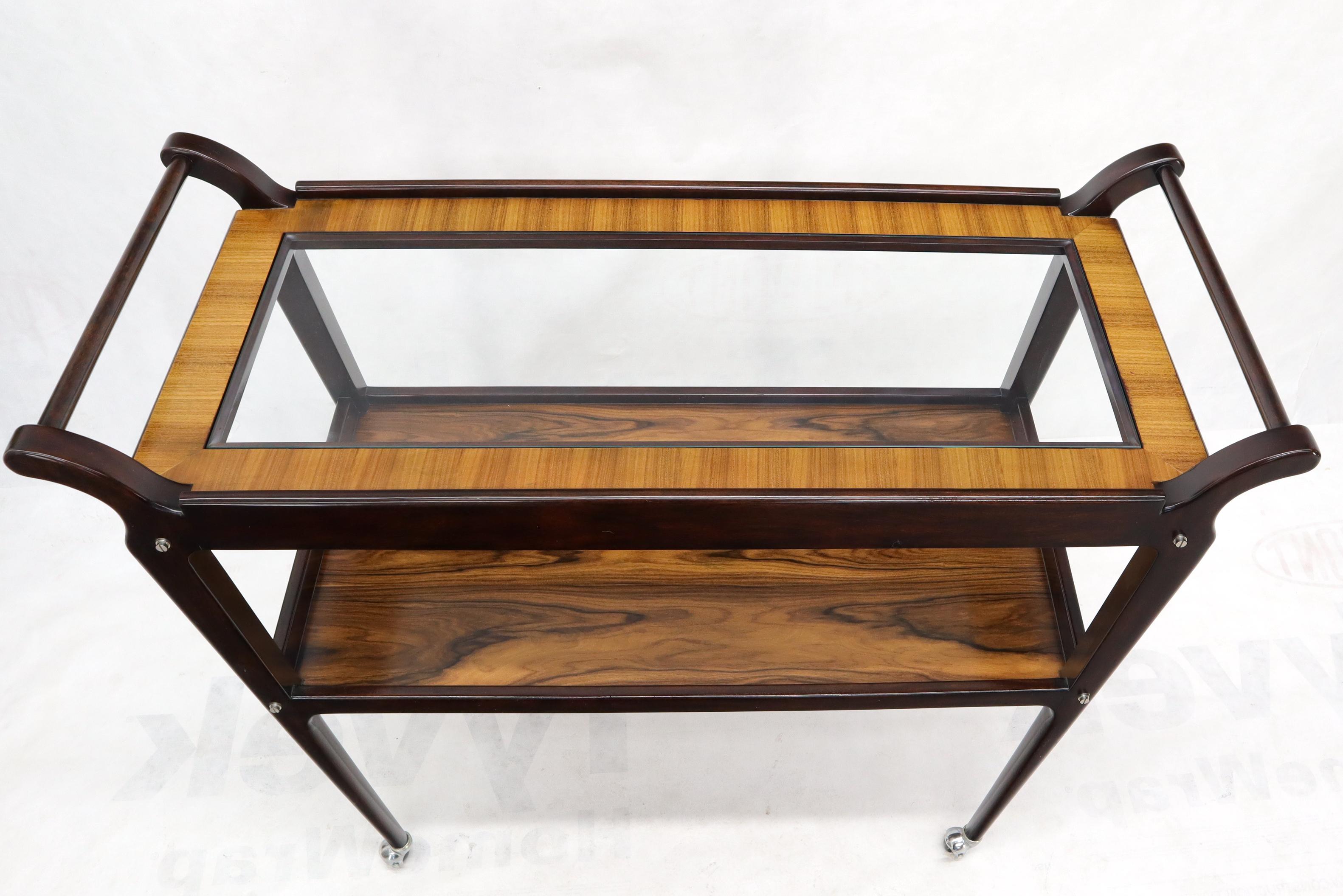 Rosewood & Glass Two Tier Serving Cart on Wheels For Sale 4
