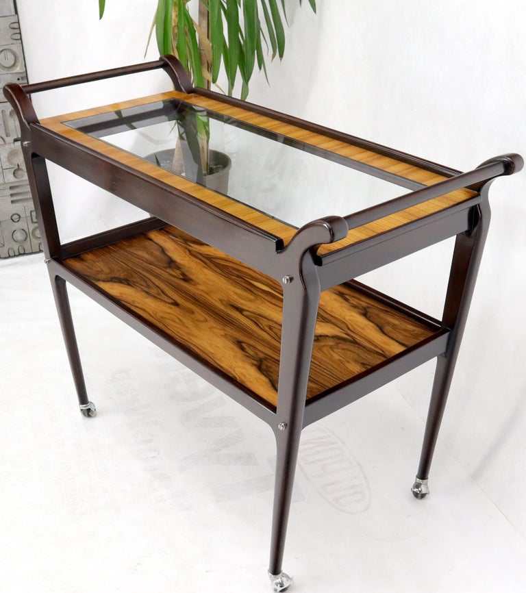 Rosewood and Glass Two Tier Serving Cart on Wheels For Sale at 1stDibs