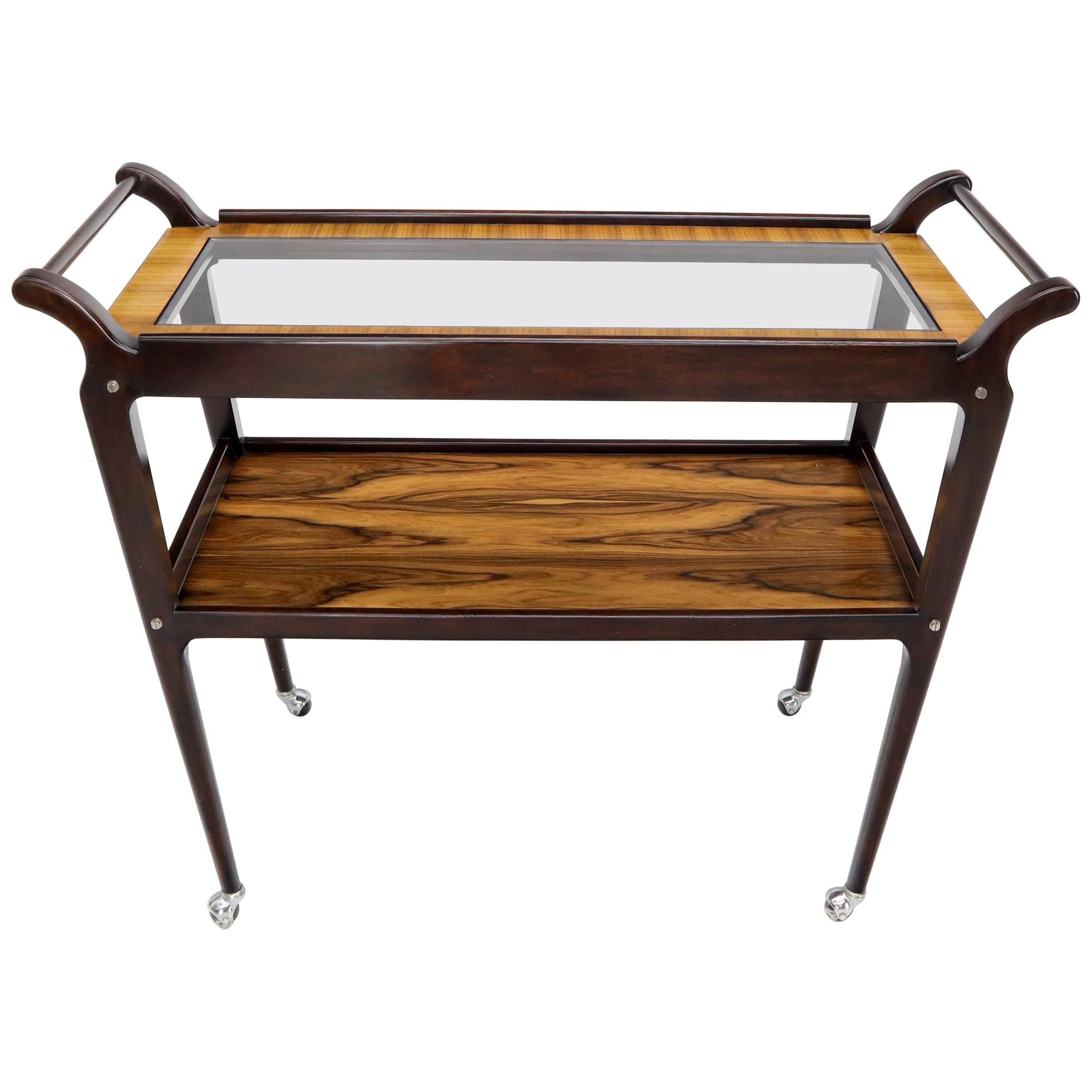 Rosewood & Glass Two Tier Serving Cart on Wheels For Sale