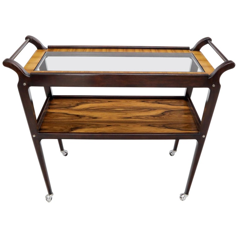 Rosewood and Glass Two Tier Serving Cart on Wheels For Sale at 1stDibs