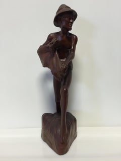 Rosewood Hand Carved 22" Asian Fisherman Statue