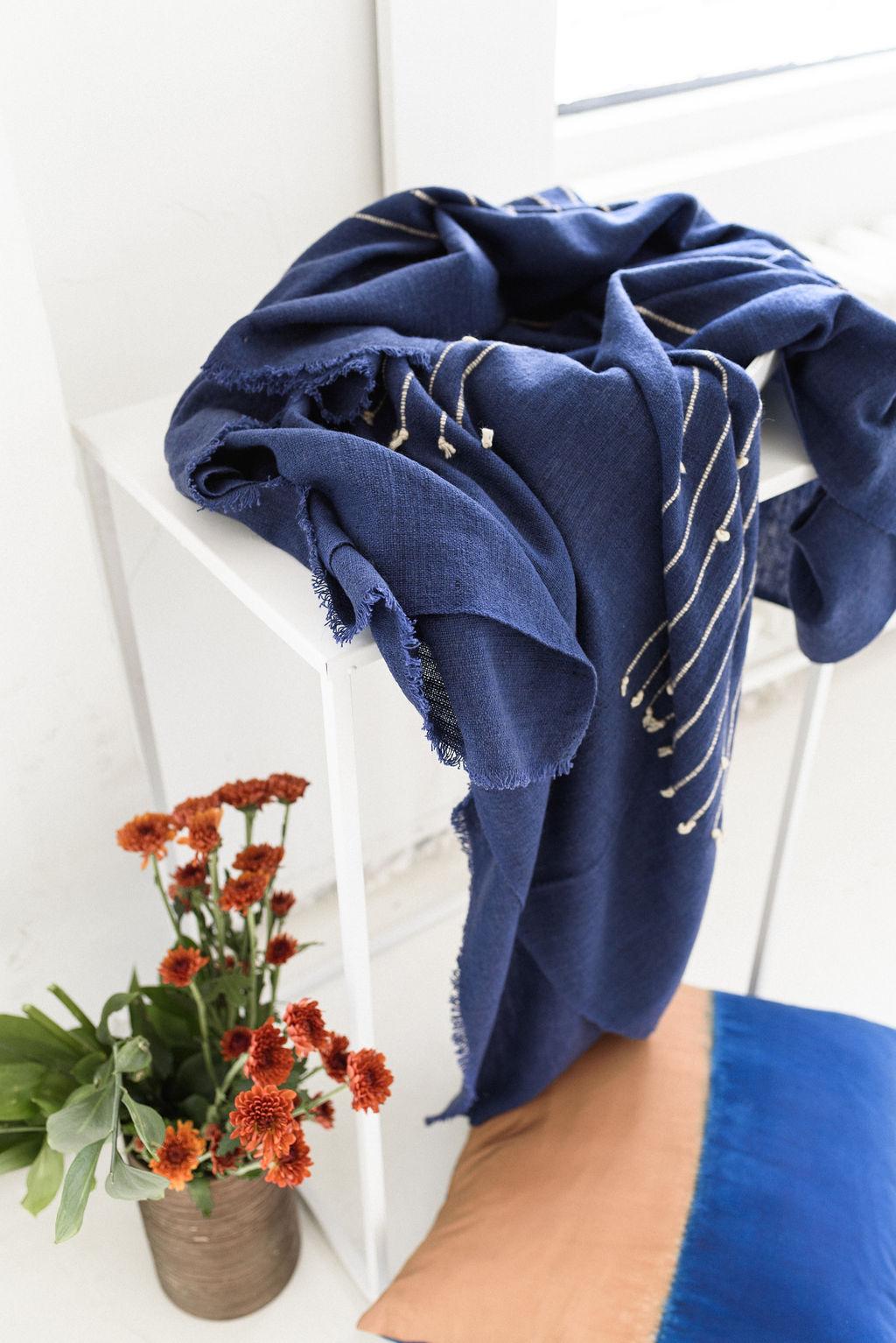 Rosewood Indigo Handloom Queen Size Bedpsread / Coverlet in Stripes Design 2
