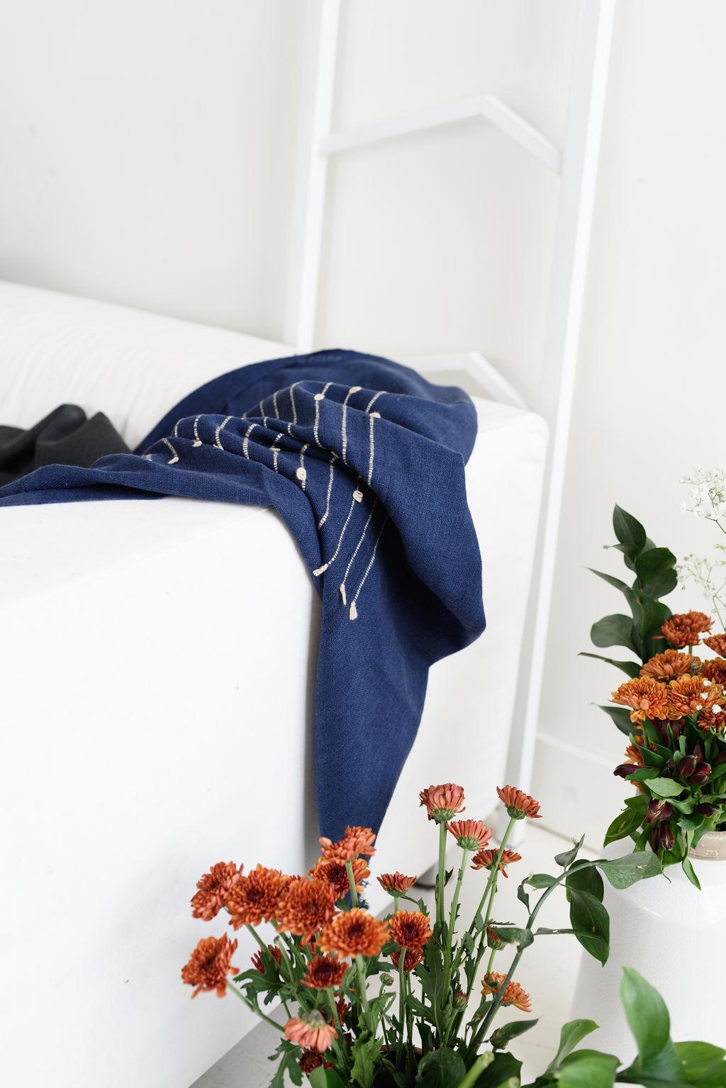 Yarn Rosewood Indigo Handloom Queen Size Bedpsread / Coverlet in Stripes Design