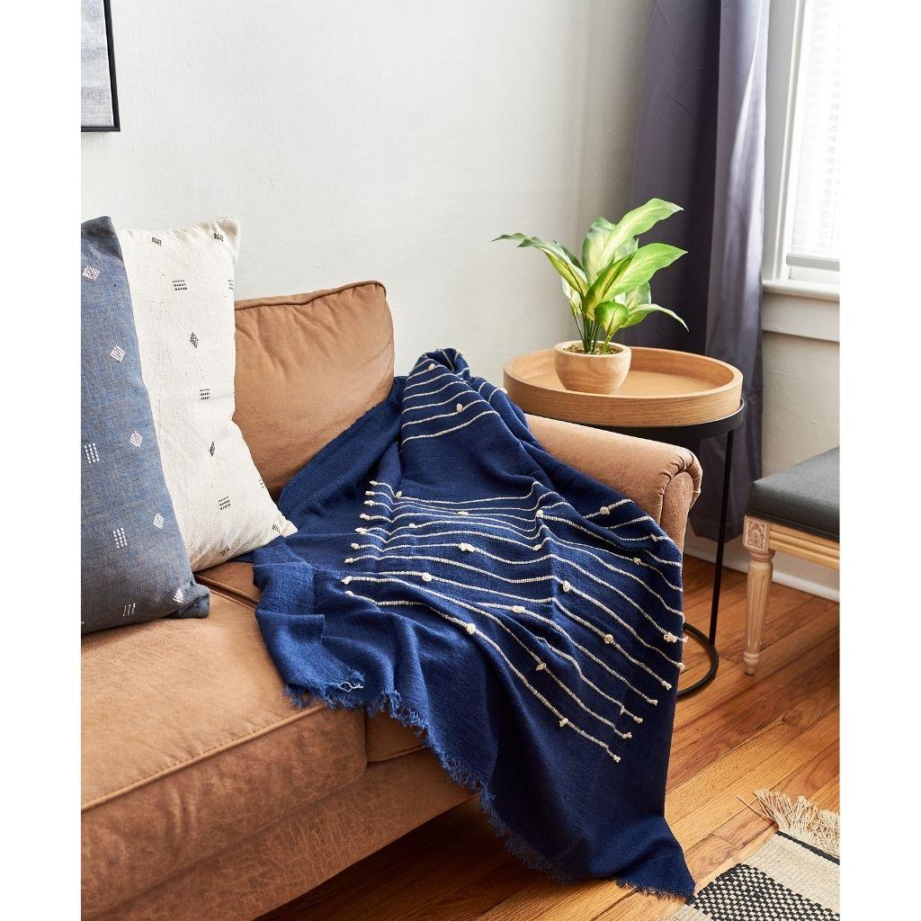 Yarn Rosewood Indigo Handloom Throw / Blanket In Soft Merino In Stripes Pattern For Sale