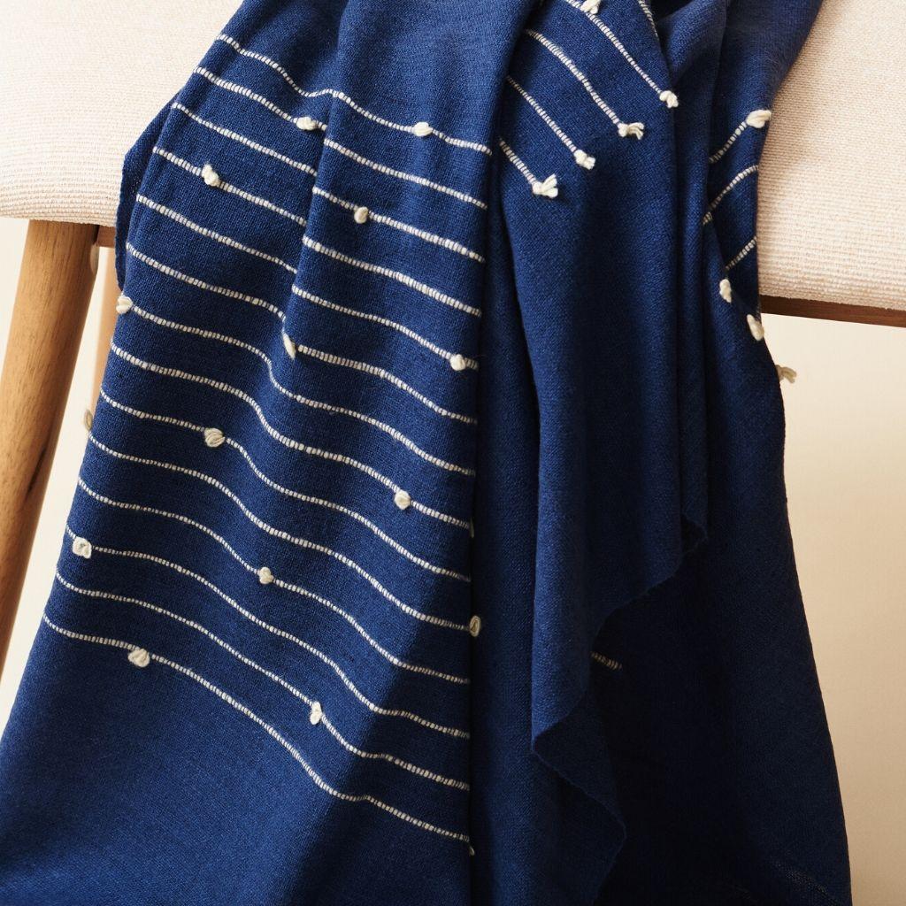 Modern Rosewood Indigo Handloom Throw In Rich Indigo Blue, Cream Hand Knotted Stripes For Sale