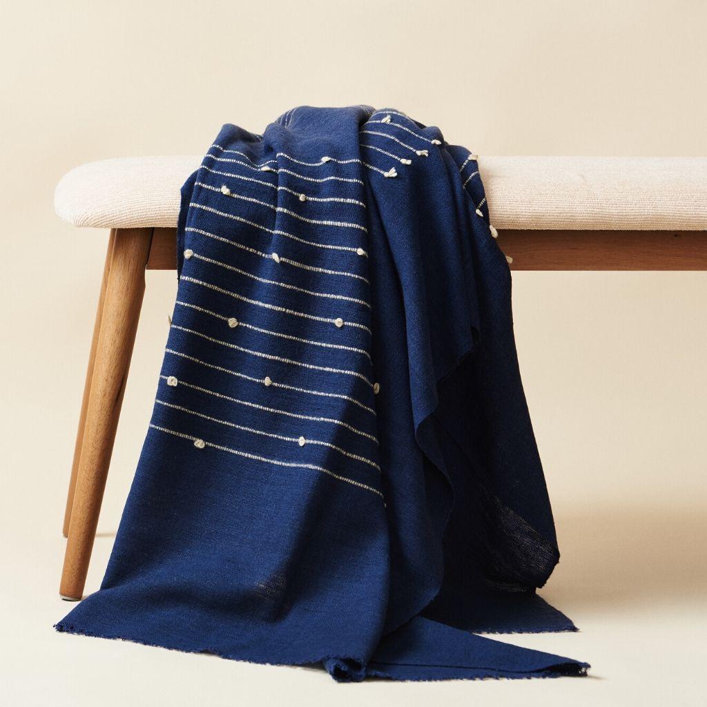 Hand-Woven Rosewood Indigo Handloom Throw / Blanket In Soft Merino In Stripes Pattern For Sale