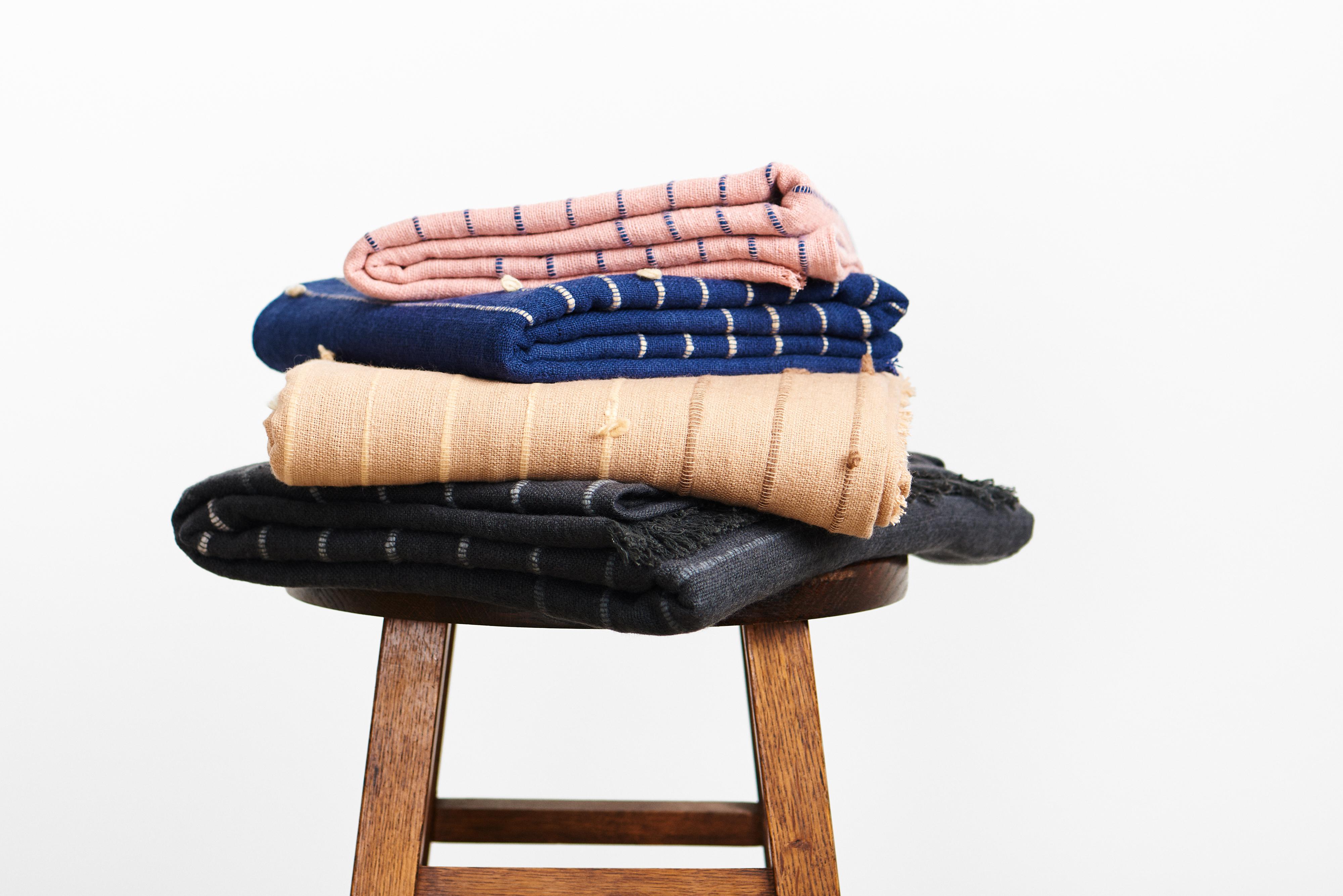Rosewood Indigo Handloom Throw / Blanket In Soft Merino In Stripes Pattern For Sale 4