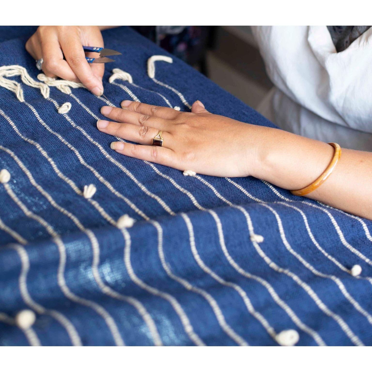 Rosewood Indigo Handloom Throw In Rich Indigo Blue, Cream Hand Knotted Stripes For Sale 5