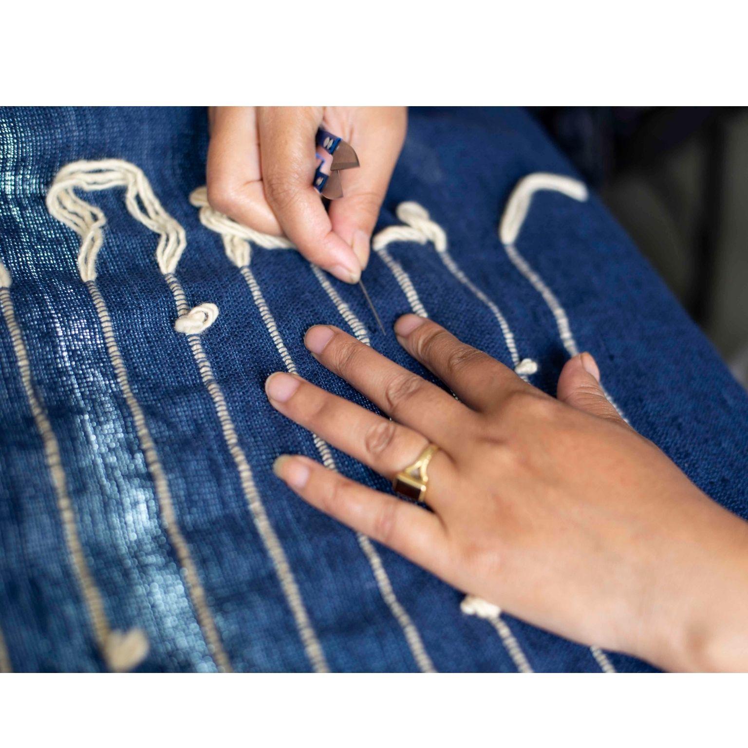 Rosewood Indigo Handloom Throw In Rich Indigo Blue, Cream Hand Knotted Stripes For Sale 6
