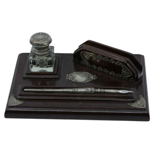 Rosewood inkwell with letter holder and silver applications