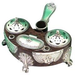 Rosewood inkwell with silver accents on inkwell, sandpit 
pen holders