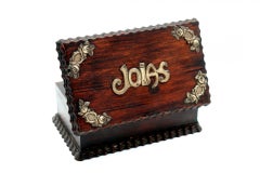 Rosewood jewelry box with silver appliqués and red velvet interior