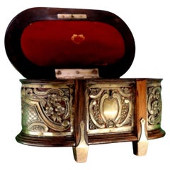 Rosewood jewelry box with silver appliqués around monogram and velvet interior