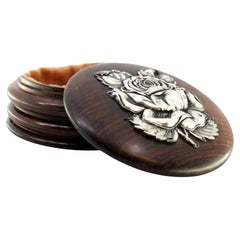 Rosewood jewelry box with silver rose appliqué on lid and lined interior