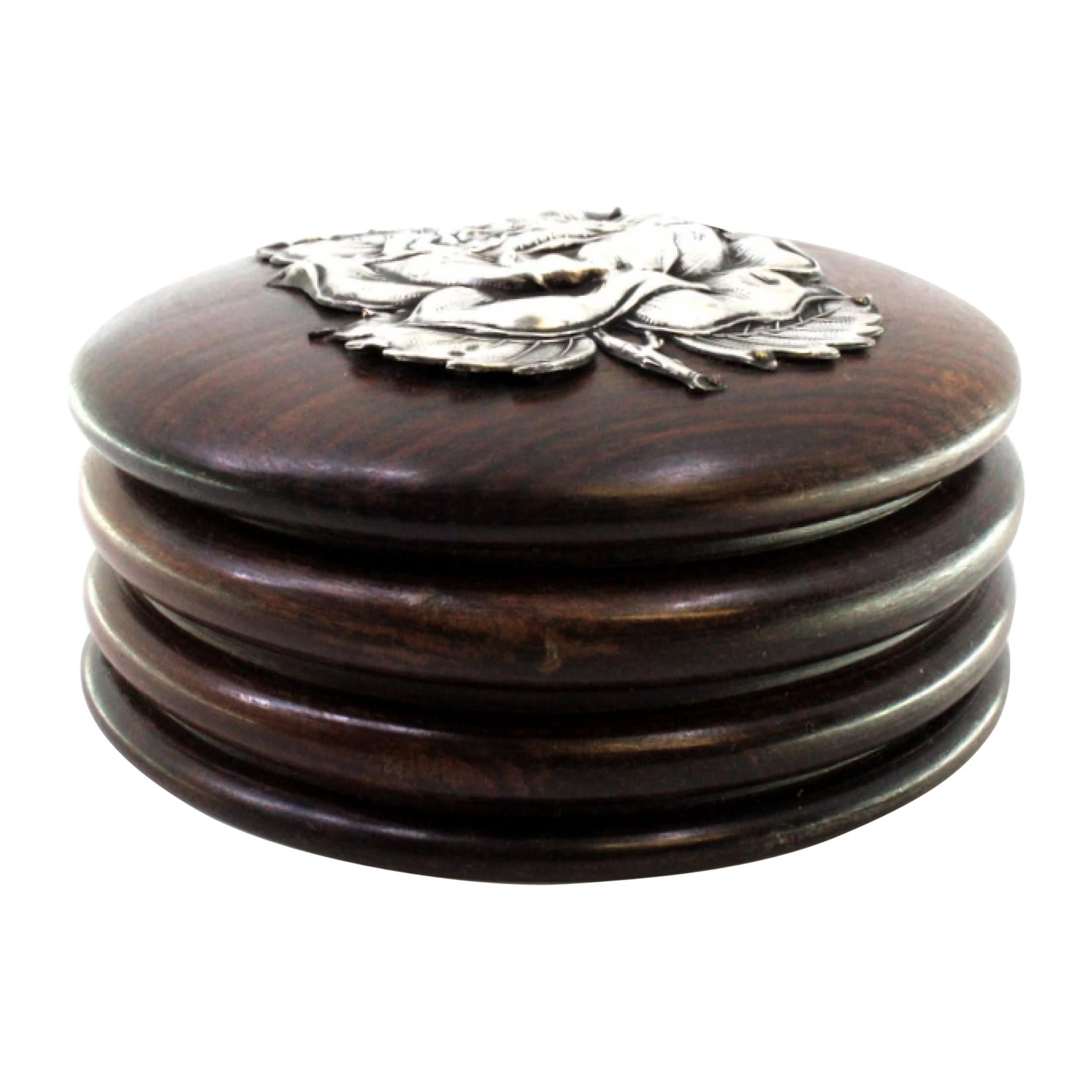Rosewood jewelry box with silver rose appliqué on lid and lined interior