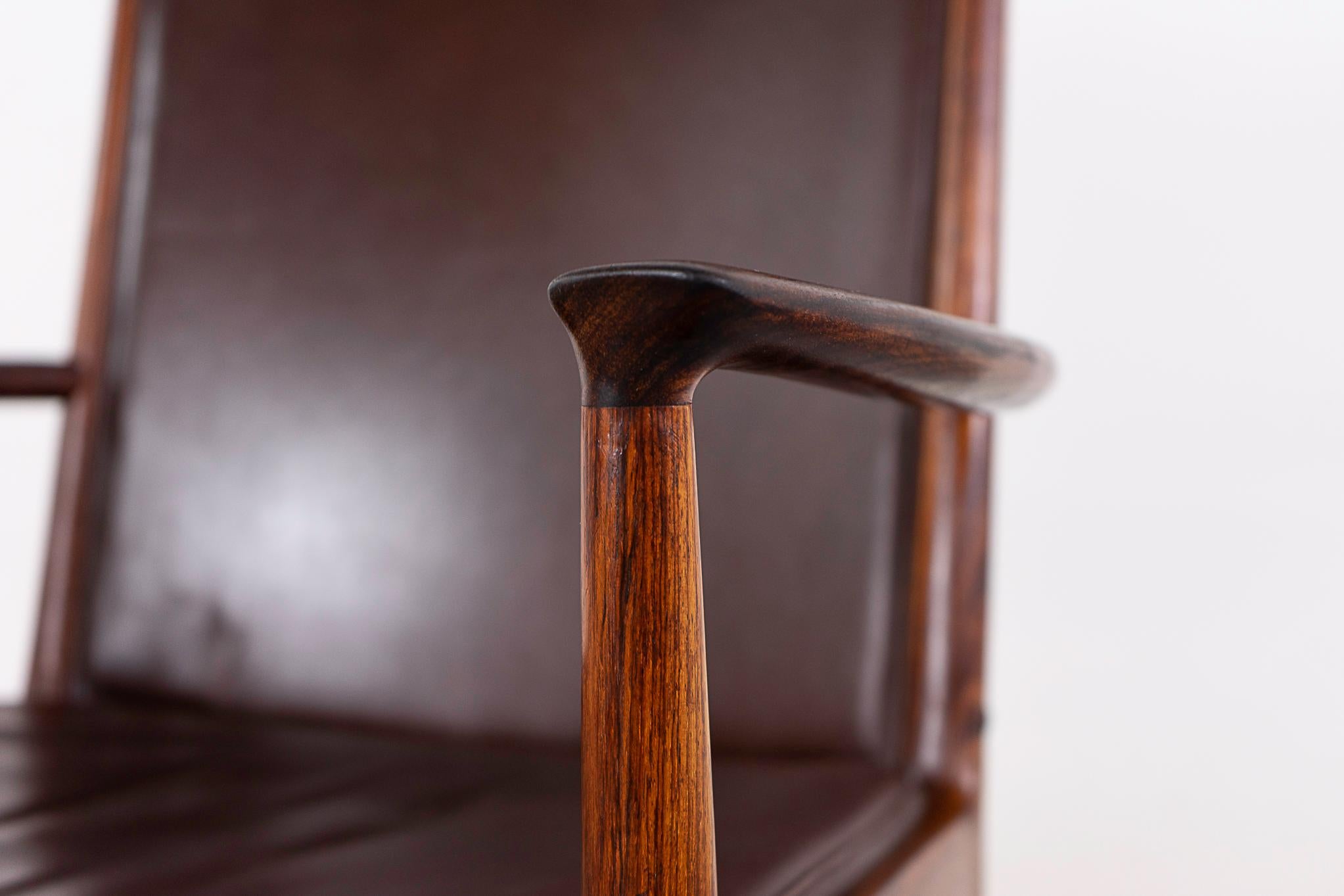 Scandinavian Modern Rosewood & Leather Arm Chair by Kai Lyngfeldt Larsen For Sale