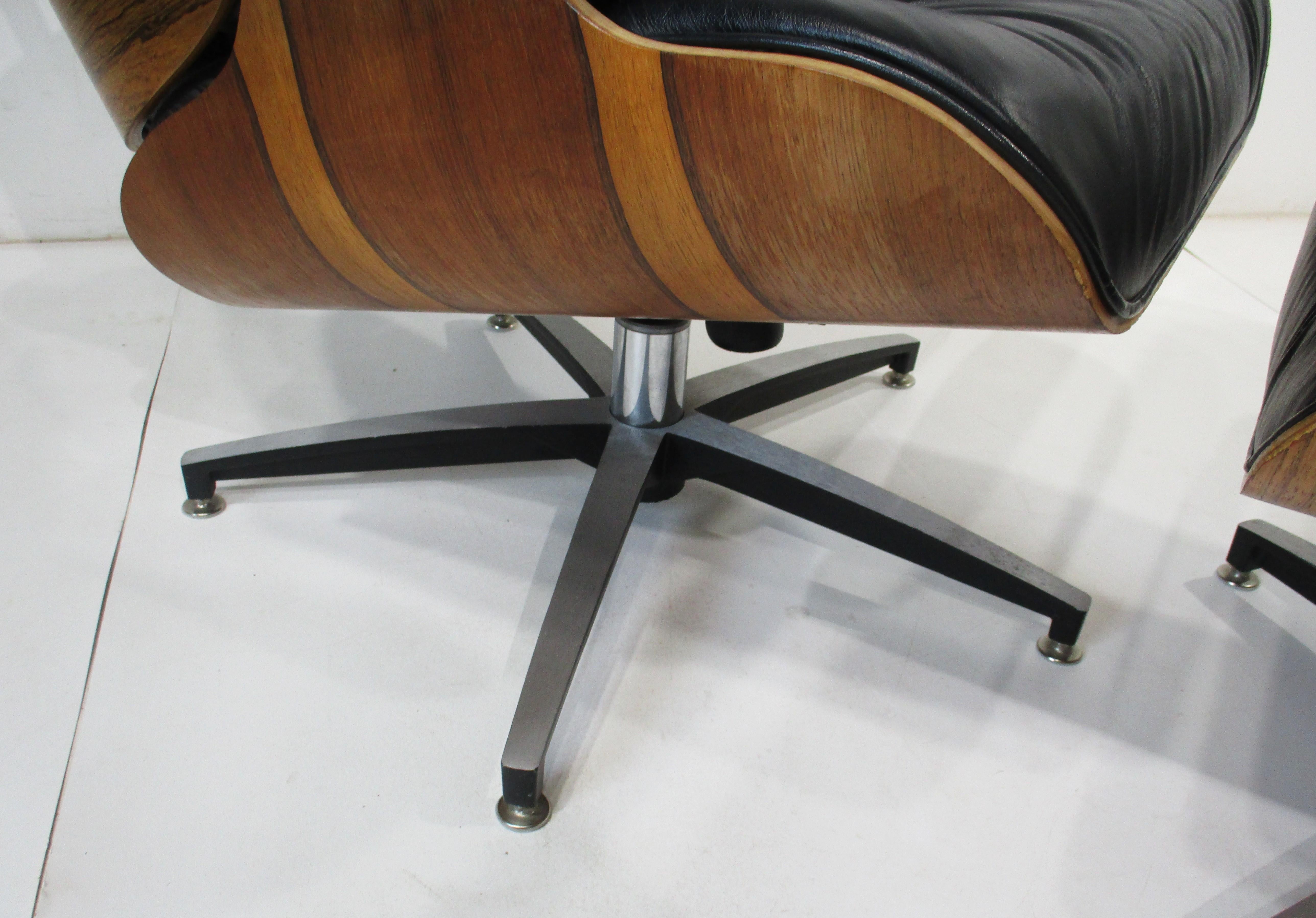 Rosewood Leather Lounge Chair and Ottoman by Plycraft in the style of Eames 2