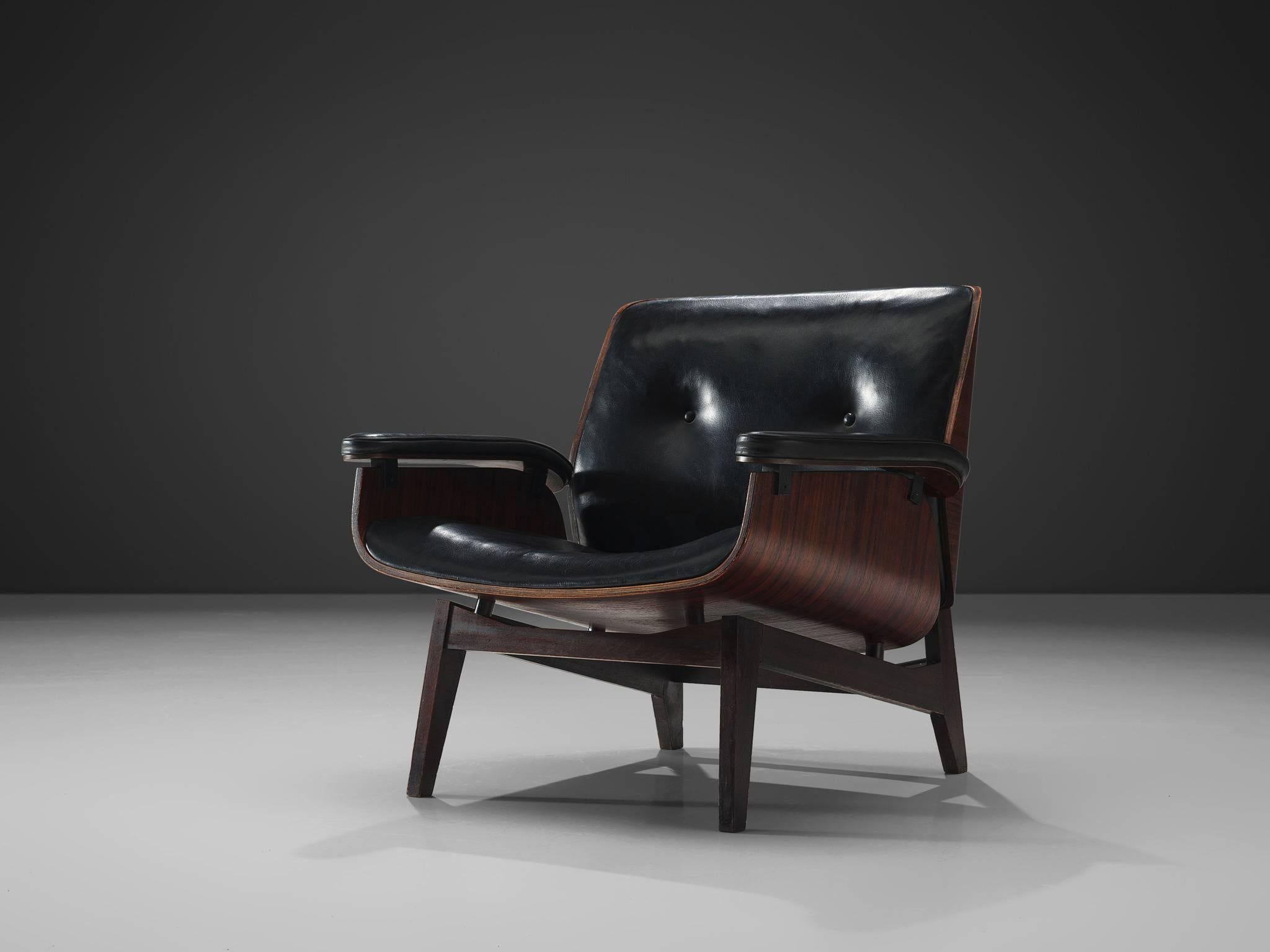 Mid-Century Modern Rosewood Lounge Chair in Black Faux Leather by MIM, Italy